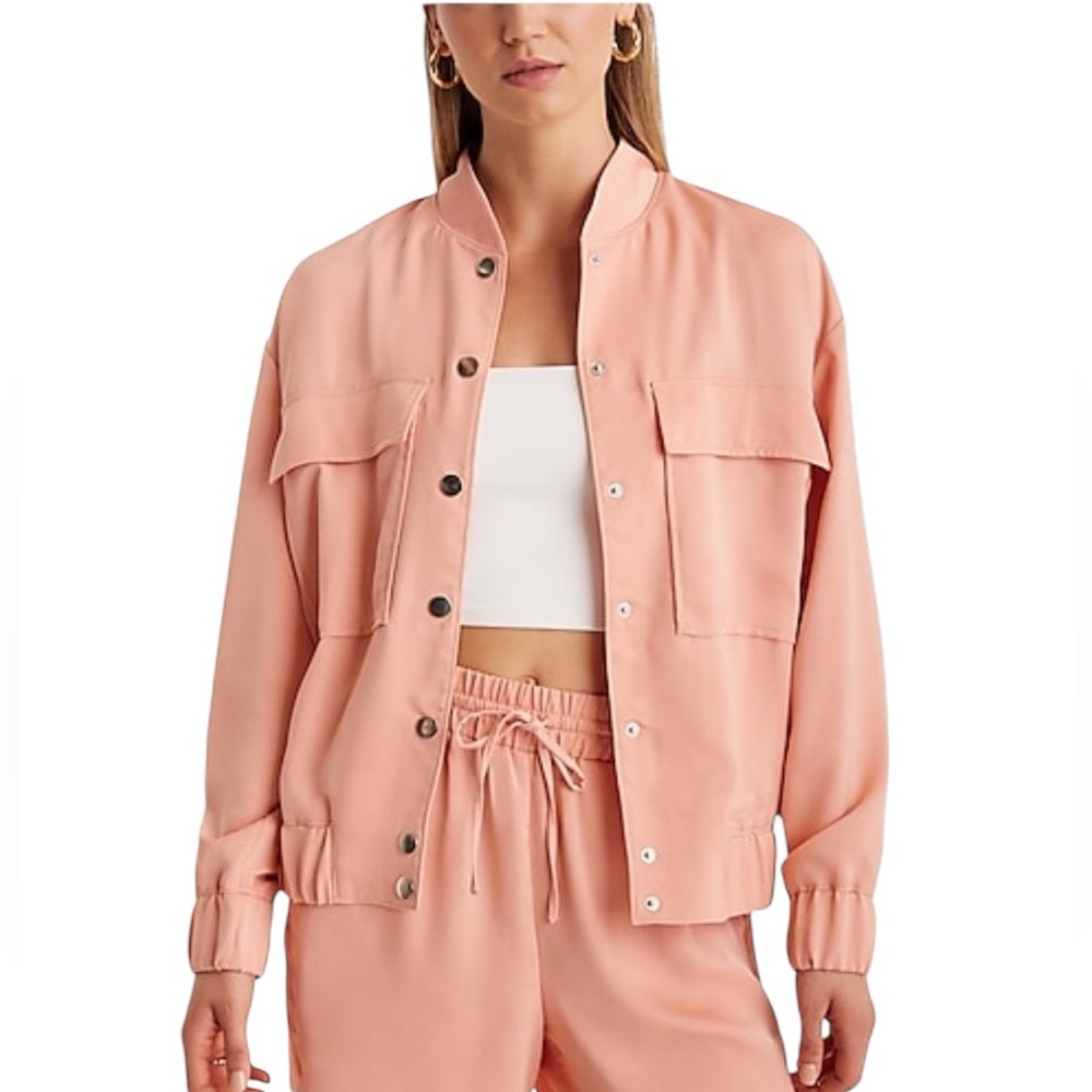 EXPRESS coral dust satin oversized bomber jacket size Medium